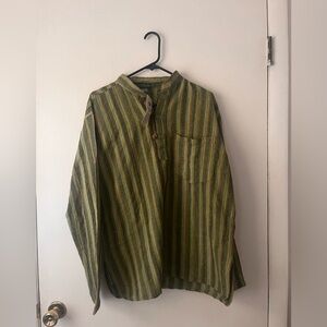 Kathmandu Imports Men’s Long Sleeve 1/4 Button Green Stripes Medium